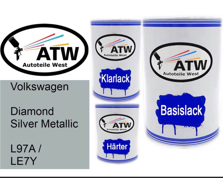 Volkswagen, Diamond Silver Metallic, L97A / LE7Y: 500ml Lackdose + 500ml Klarlack + 250ml Härter - Set, von ATW Autoteile West.